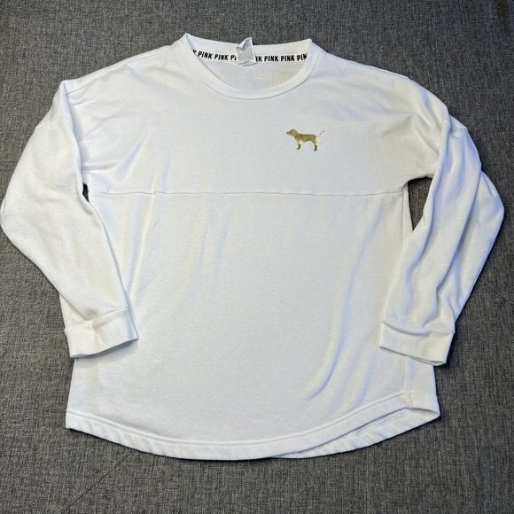 Pink‎ Victoria Secret Sweatshirt Small Pullover White Gold Sequin - Picture 1 of 9
